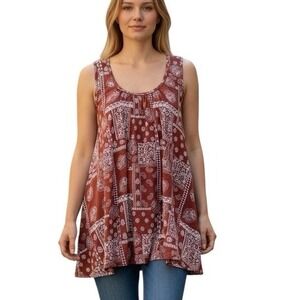 Natural Life Free Spirit Tank Top Rust Bandana Patchwork Sz M Boho Hippie NWT